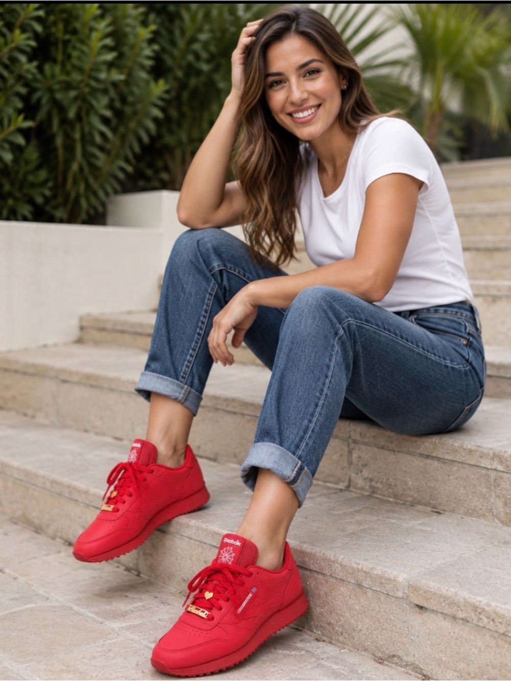 Reebok Woman Classic Red Sneakers with Gold Accents